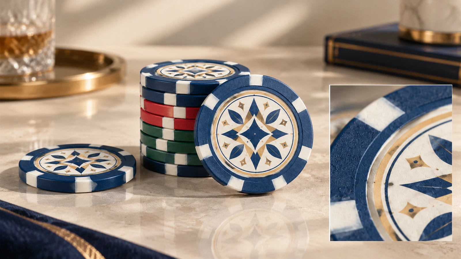 Ảnh ghép chip poker thiết kế hình học và cận cảnh mặt được trang trí