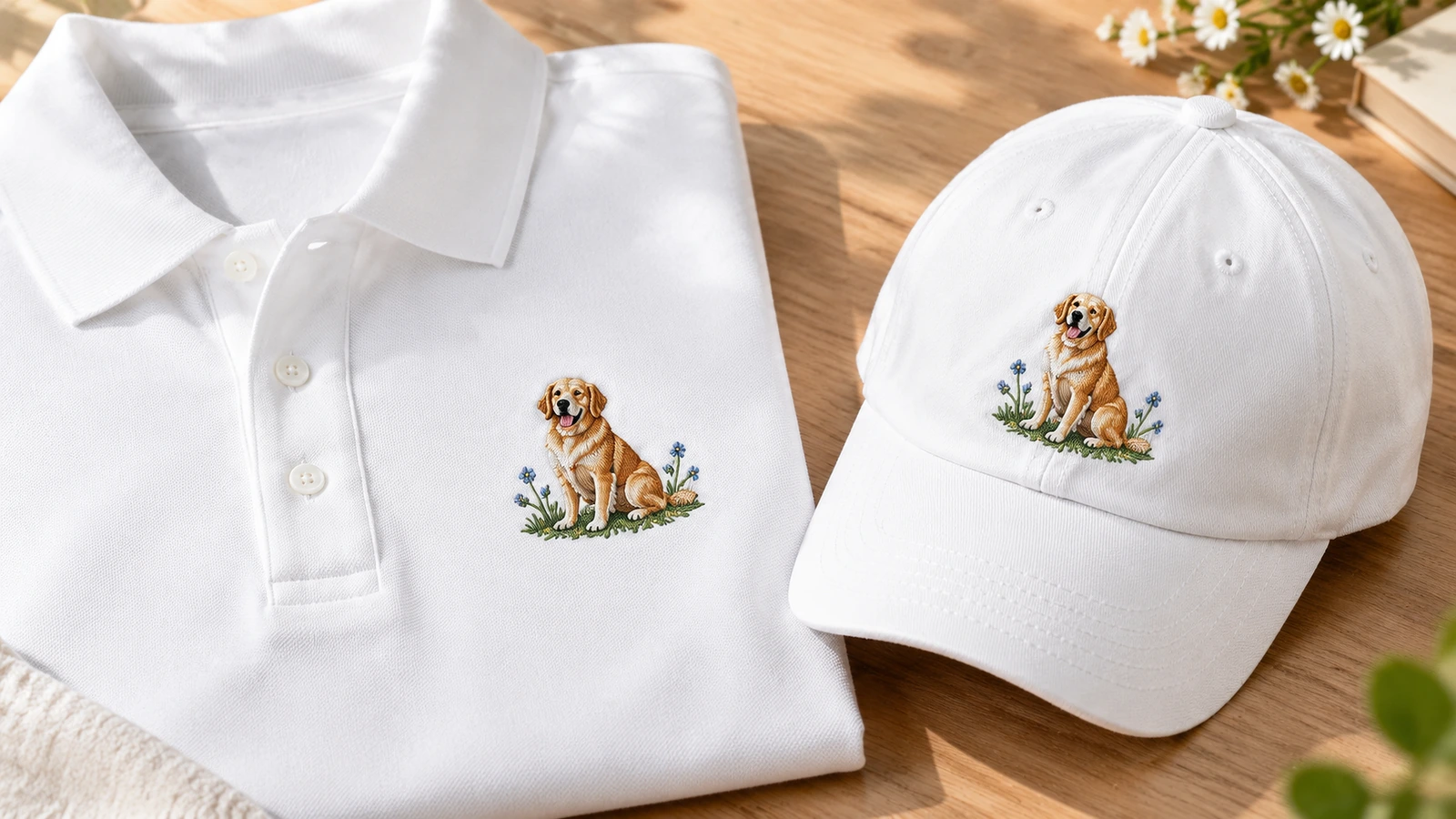 Áo polo và mũ có thêu đồng bộ Áo polo trắng gấp lại và mũ trắng đồng bộ có hình thêu chó trên bàn gỗ