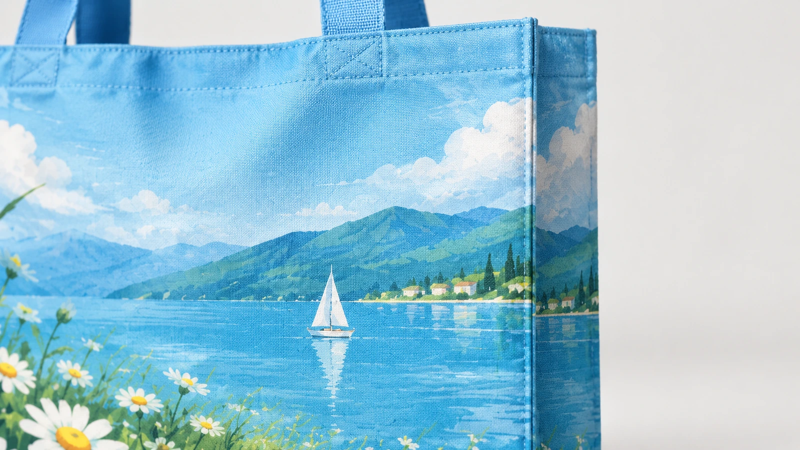 Cận cảnh vải túi tote lake-and-daisy, đường may trên và quai màu xanh dương