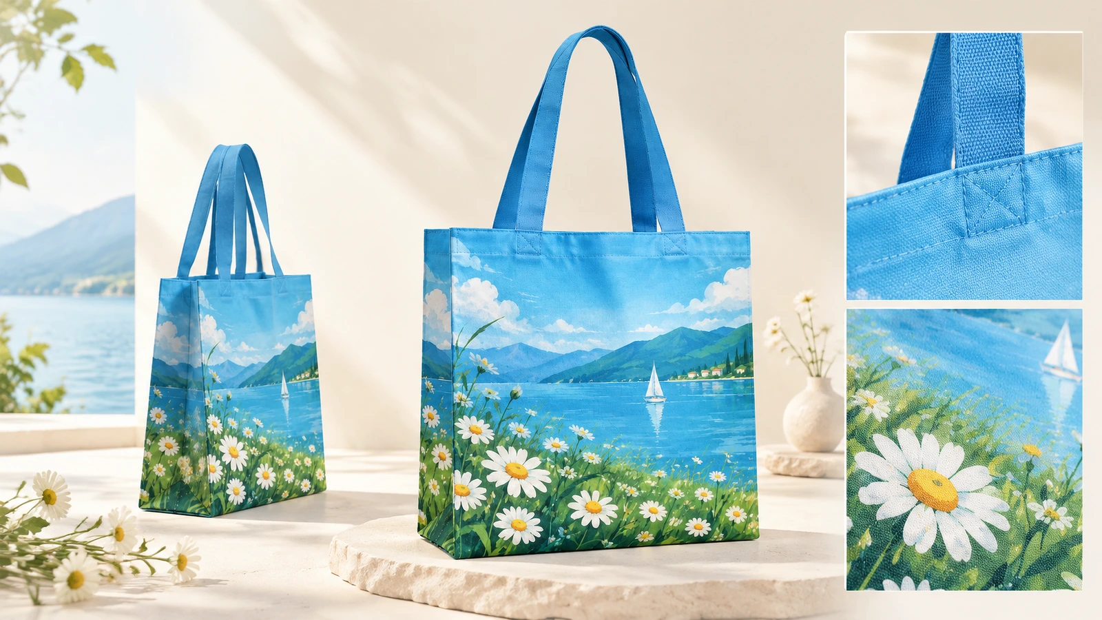 Hai túi tote in màu xanh dương, kèm ảnh cận cảnh mối nối quai và vải hoa