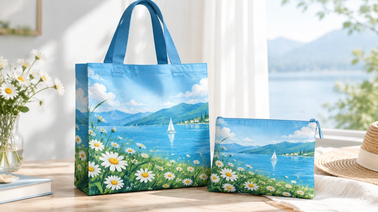 Túi tote in lake-and-daisy màu xanh dương cùng túi nhỏ có khóa kéo đồng bộ đặt trên bàn