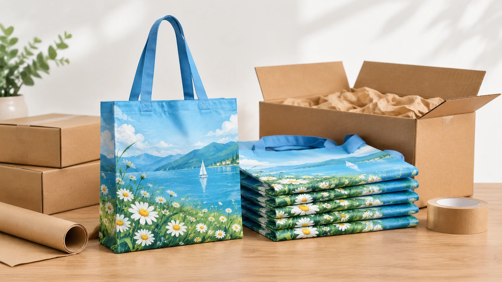 Túi tote in màu xanh dương và các túi gấp xếp chồng cạnh hộp đóng gói bằng bìa carton