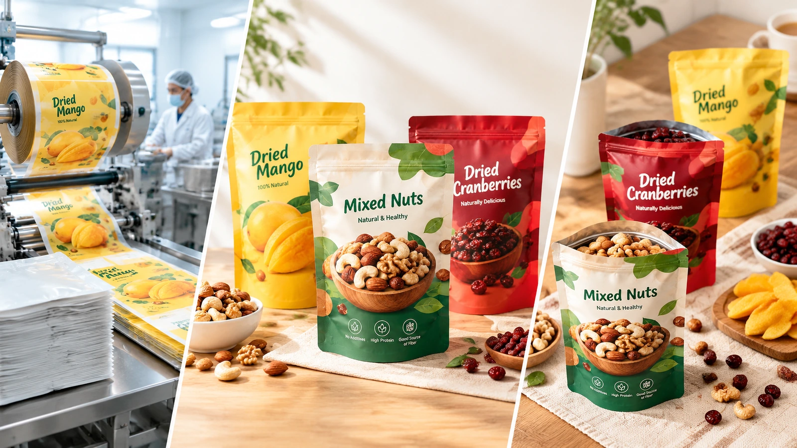 Ảnh ghép dây chuyền sản xuất màng in và các túi snack thành phẩm