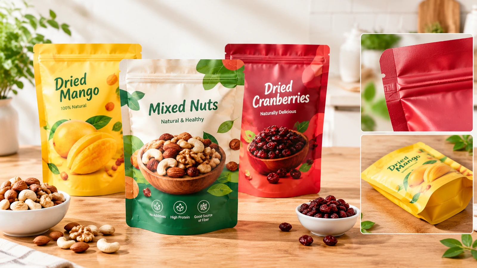 Trưng bày túi snack, kèm ảnh chi tiết miệng túi đóng lại được và đáy túi gấp