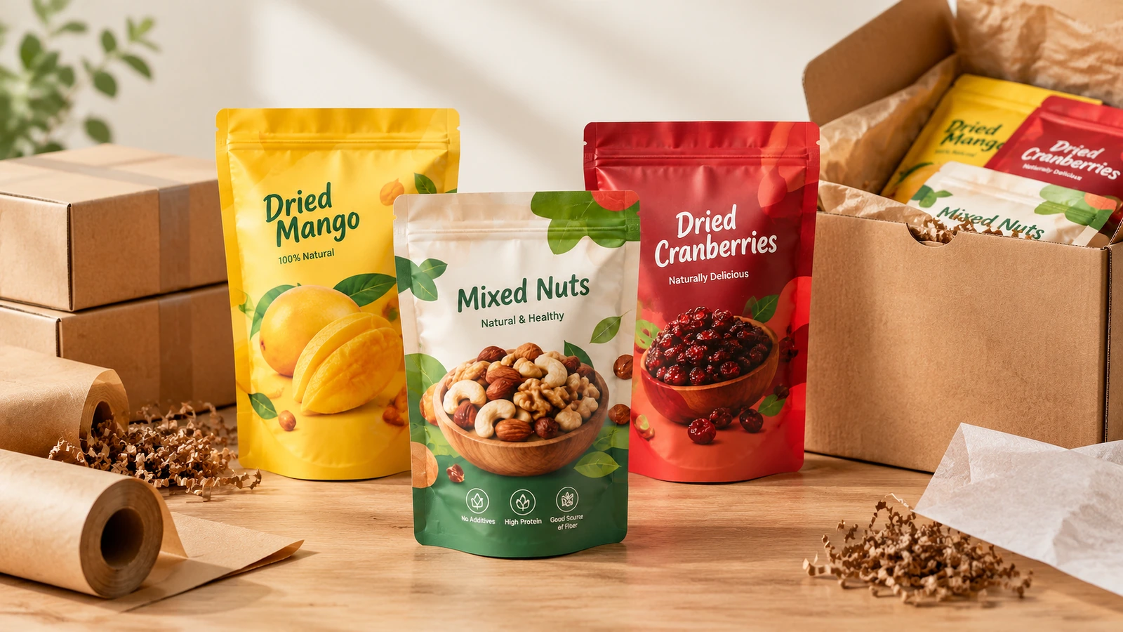 Túi snack in đặt cạnh thùng carton vận chuyển và vật liệu đóng gói