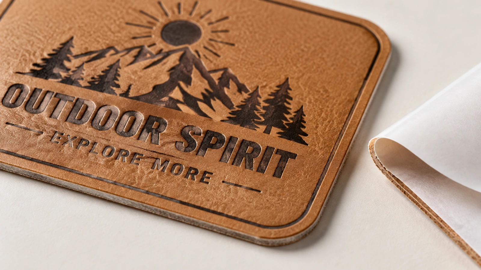 Cận cận cảnh nhãn da PU nâu có vân với logo núi Outdoor Spirit