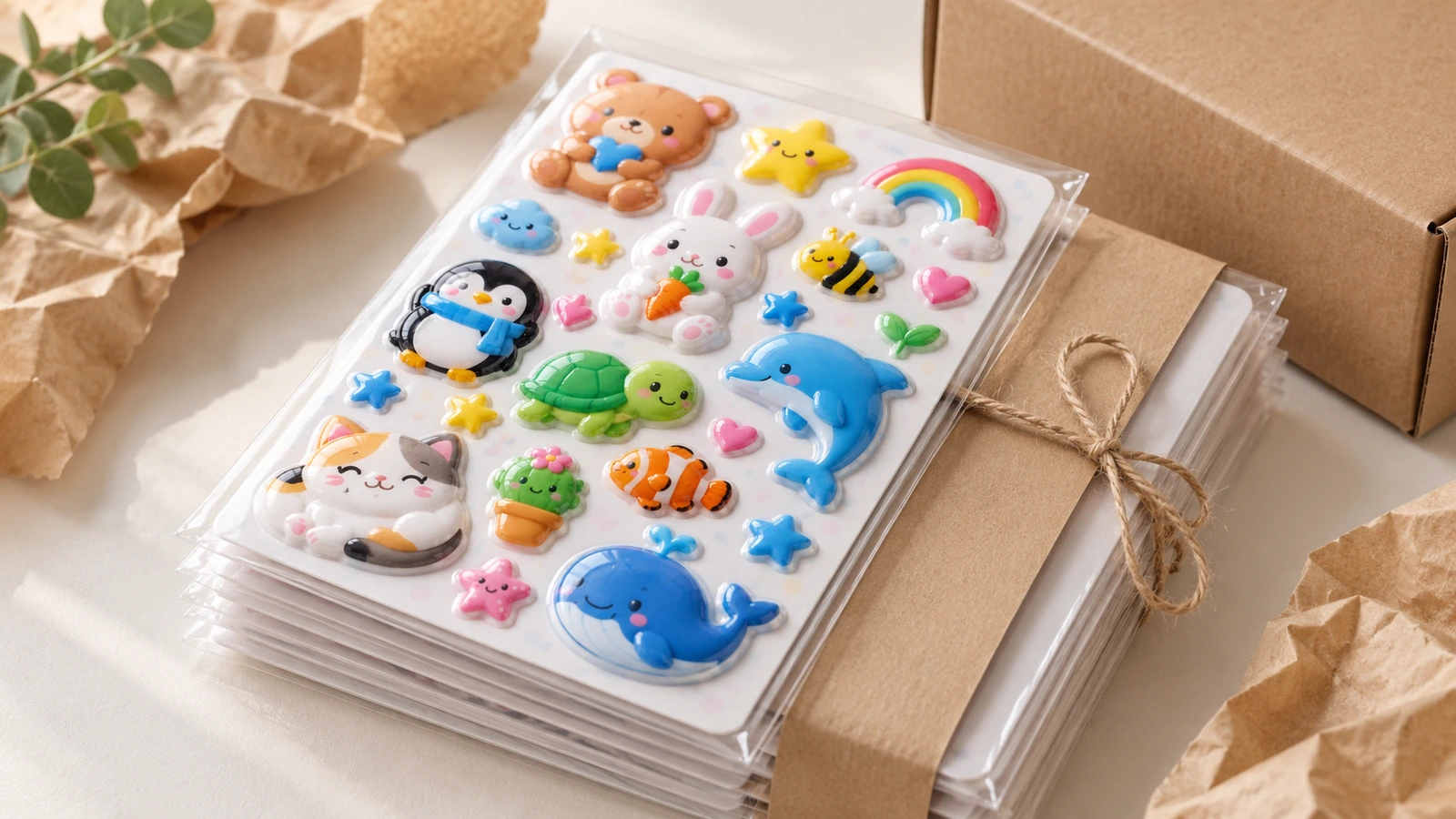 Chồng tấm nhãn dán nổi trong bao nhựa trong, cạnh gói hàng bọc giấy kraft và thùng carton