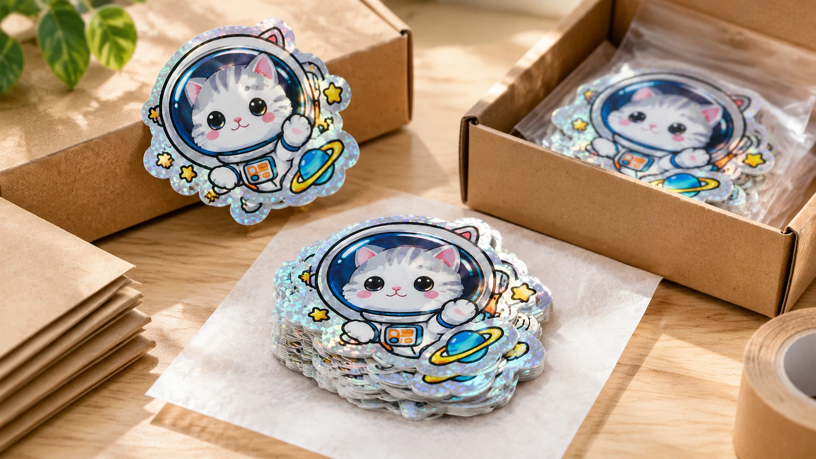 Tem mèo phi hành gia được sắp cạnh bao bì giấy kraft, với một chồng tem đặt trên giấy lụa và các tem được gói trong hộp mở