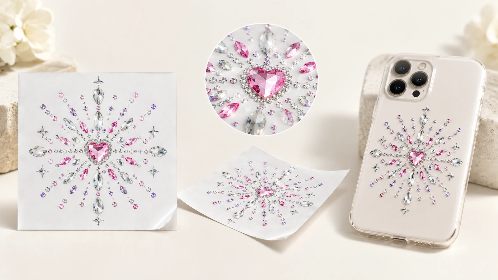 Họa tiết rhinestone tâm hình trái tim trên tờ giấy trắng và ốp điện thoại trong suốt, kèm ô chi tiết hình tròn