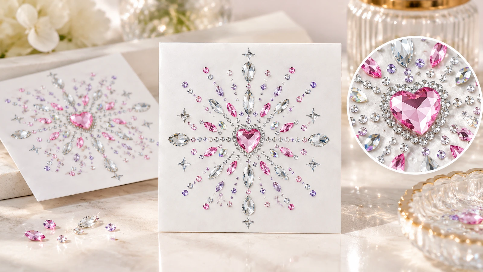 Họa tiết rhinestone tâm hình trái tim được trưng bày trên tờ giấy trắng, kèm ảnh cận cảnh hình tròn của viên đá tâm màu hồng
