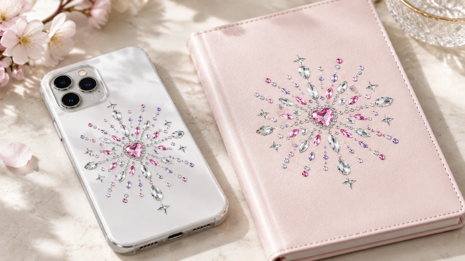 Họa tiết rhinestone tâm hình trái tim màu hồng giống nhau, trang trí ốp điện thoại trong suốt và cuốn sổ màu hồng