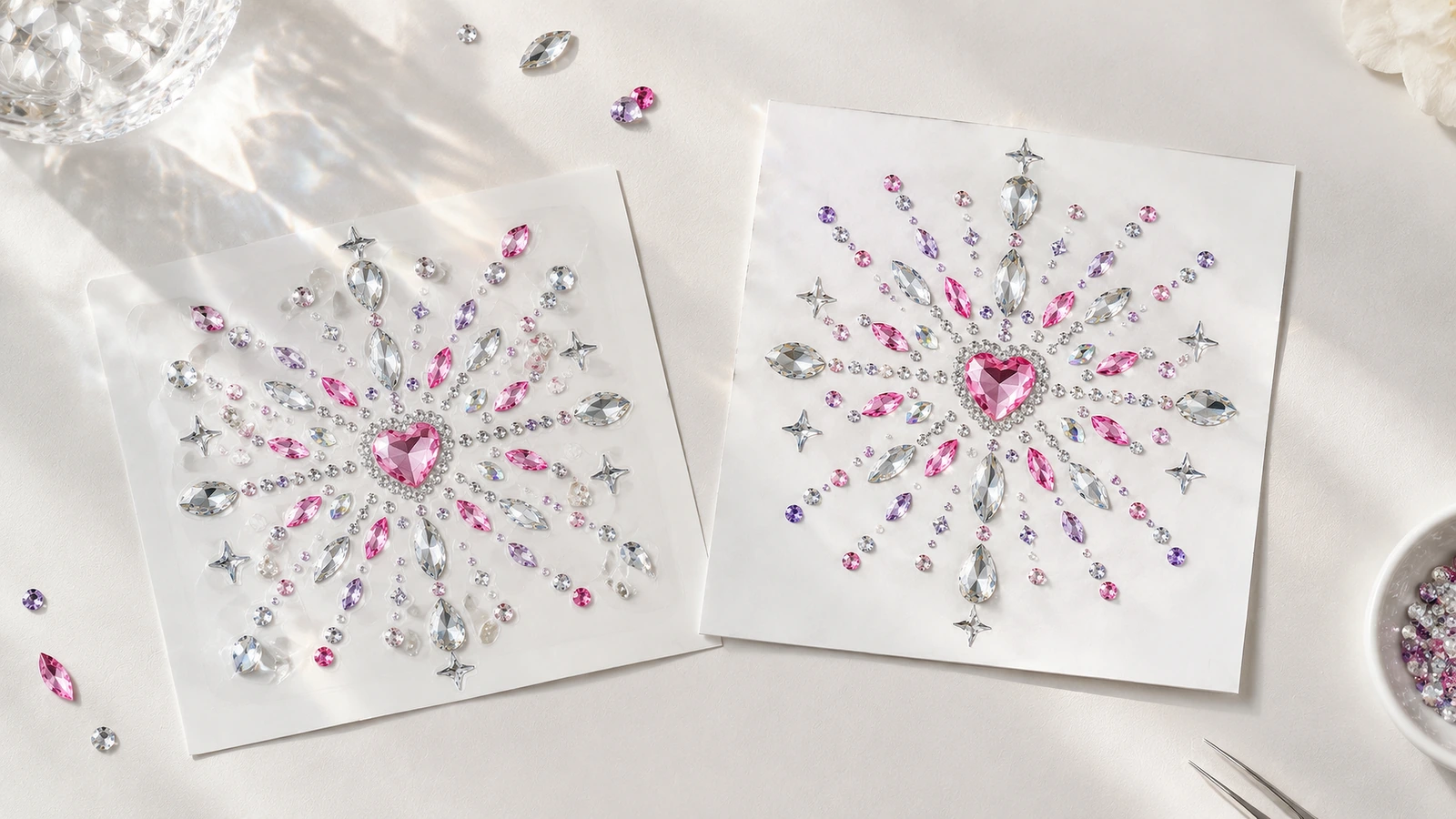 Hai họa tiết rhinestone tâm hình trái tim giống nhau trên tờ giấy trắng, với đá màu hồng, tím và trong suốt