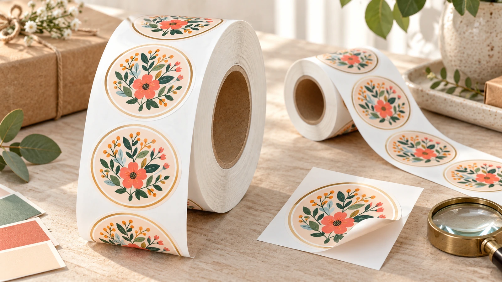 Các cuộn nhãn họa tiết hoa và một mẫu nhãn rời đặt trên bàn gỗ, cùng bảng mẫu màu và kính lúp