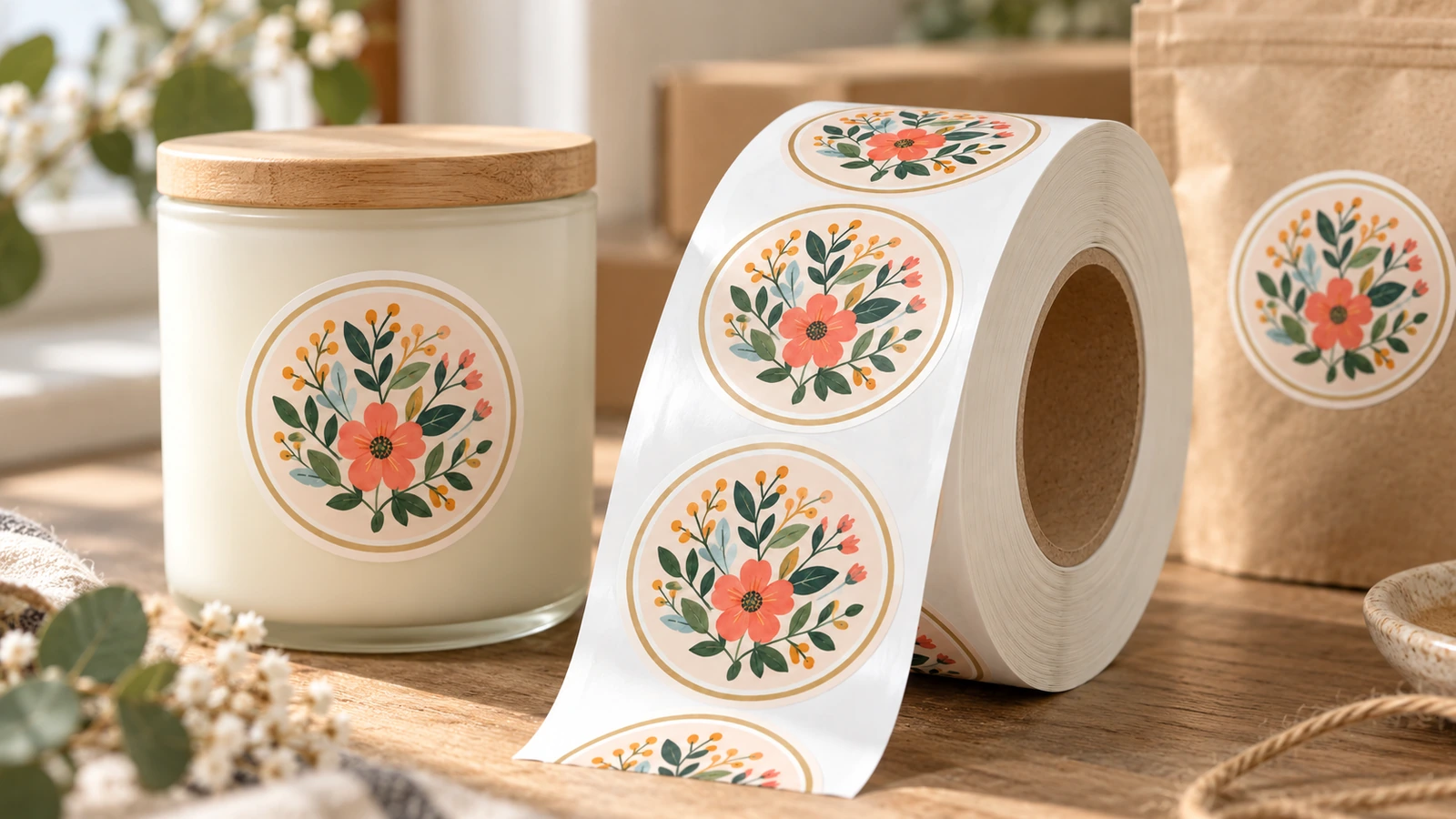Một cuộn nhãn họa tiết hoa, đặt cạnh hũ nến và túi giấy kraft dán nhãn tròn cùng kiểu