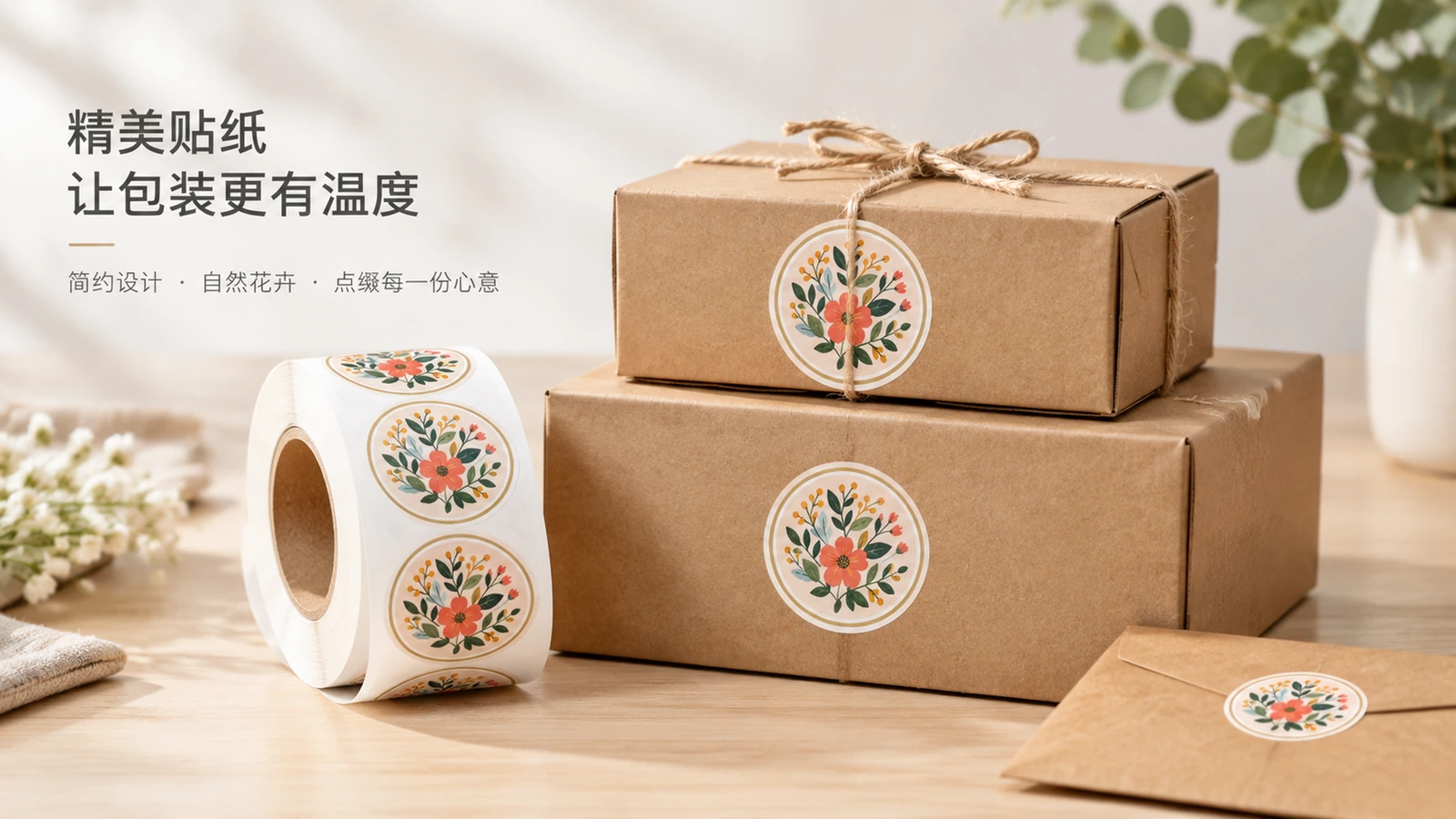 Cuộn nhãn họa tiết hoa đặt cạnh các hộp quà giấy kraft xếp chồng và một phong bì được trang trí bằng nhãn cùng kiểu