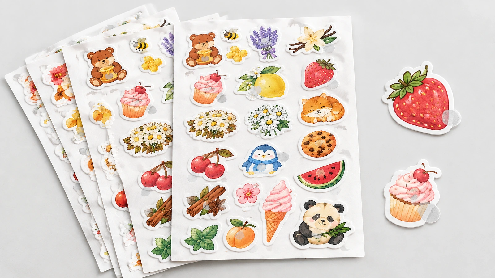 Nhìn từ trên xuống các tờ nhãn minh họa xếp chồng, có nhãn dâu tây và nhãn bánh cupcake rời