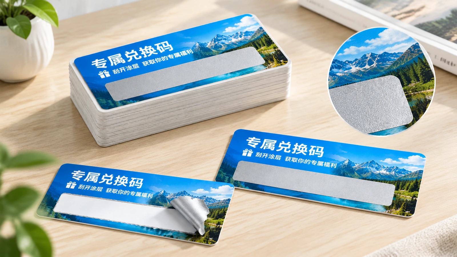 Mẫu nhãn mã cào với chi tiết lớp phủ Nhãn mã cào màu xanh với hình phóng to tròn của lớp phủ bạc