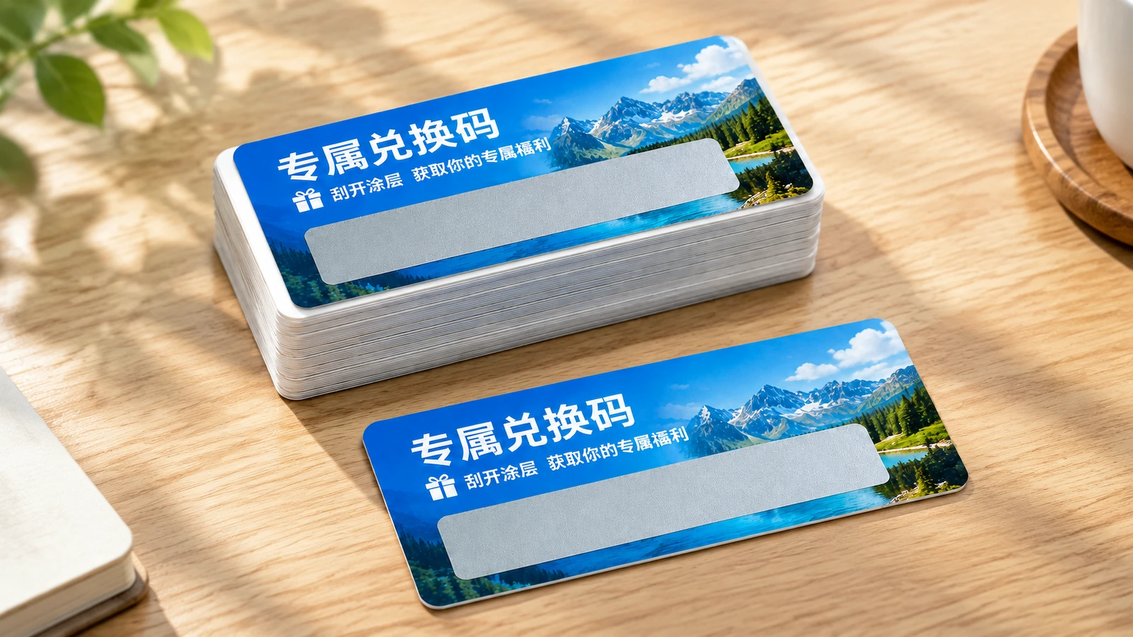 Mẫu nhãn mã cào đã in đặt trên bàn Chồng nhãn mã cào màu xanh và một nhãn rời đặt trên bàn gỗ