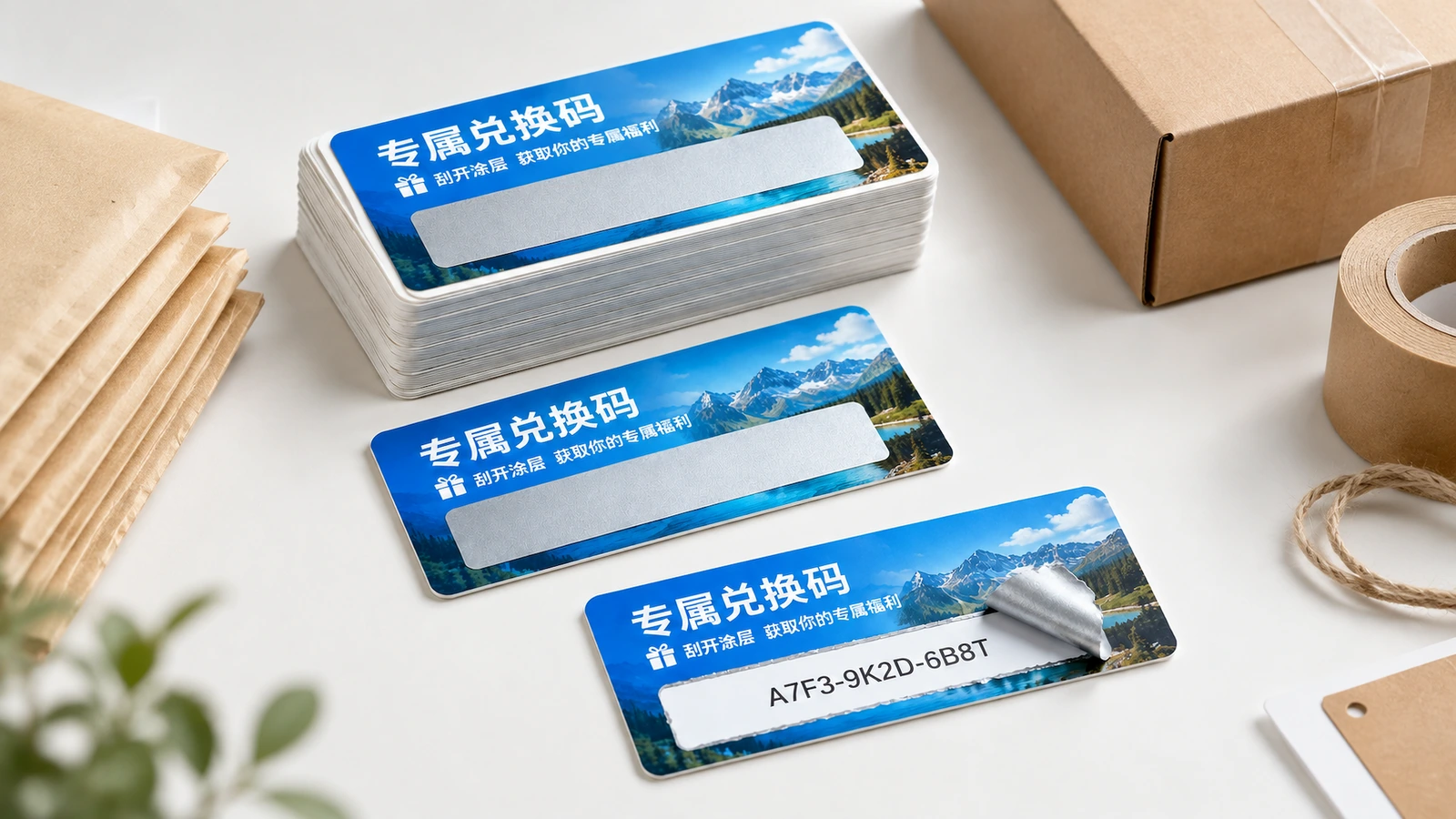 Mẫu nhãn mã đặt cạnh vật liệu đóng gói Mẫu nhãn mã màu xanh đặt cạnh thùng carton, băng dính đóng gói và phong bì giấy