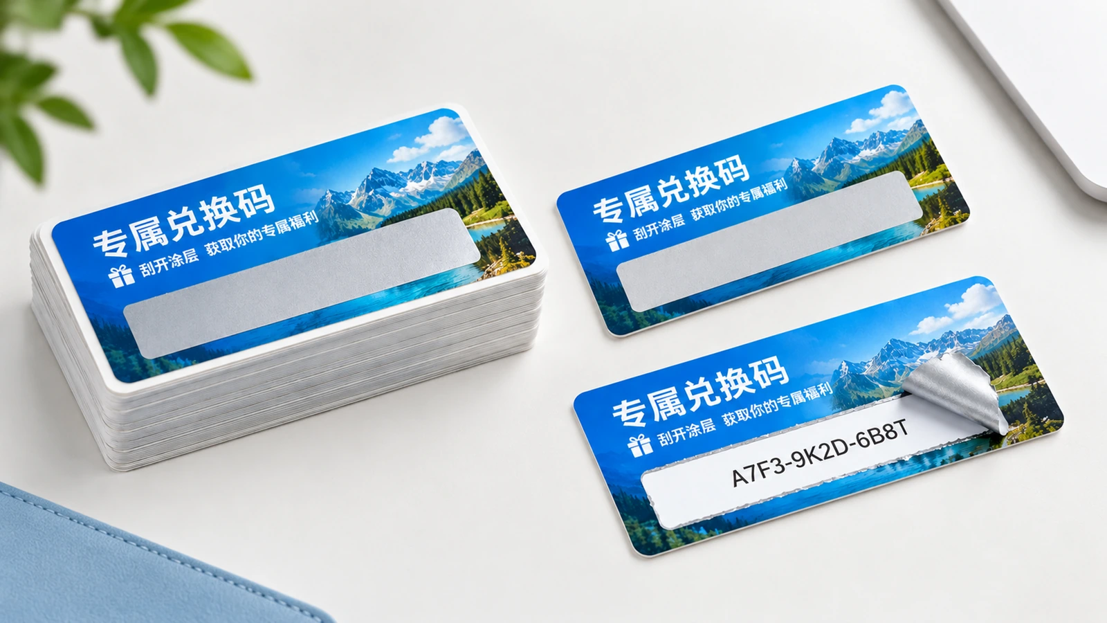 Mẫu nhãn mã cào ở trạng thái đã che và đã lộ Nhãn mã cào màu xanh xếp chồng, một lớp phủ còn che và một mã đã lộ