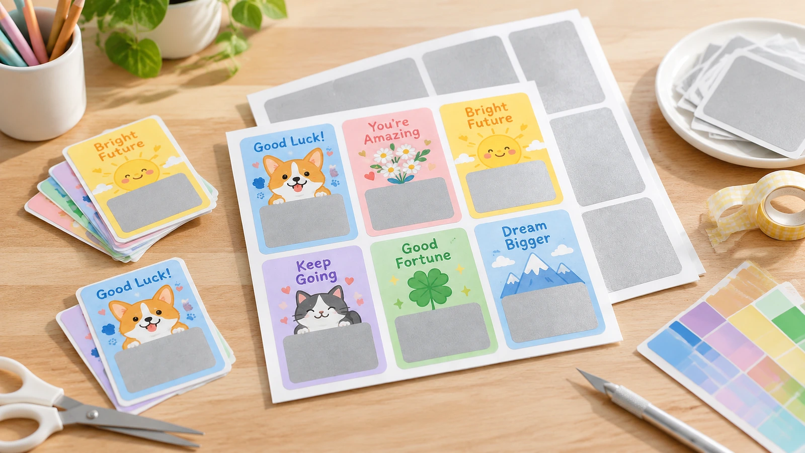 Thẻ thưởng cào trên bàn thủ công Thẻ thưởng nhiều màu với các ô cào bạc và tấm phủ dự phòng trên bàn thủ công