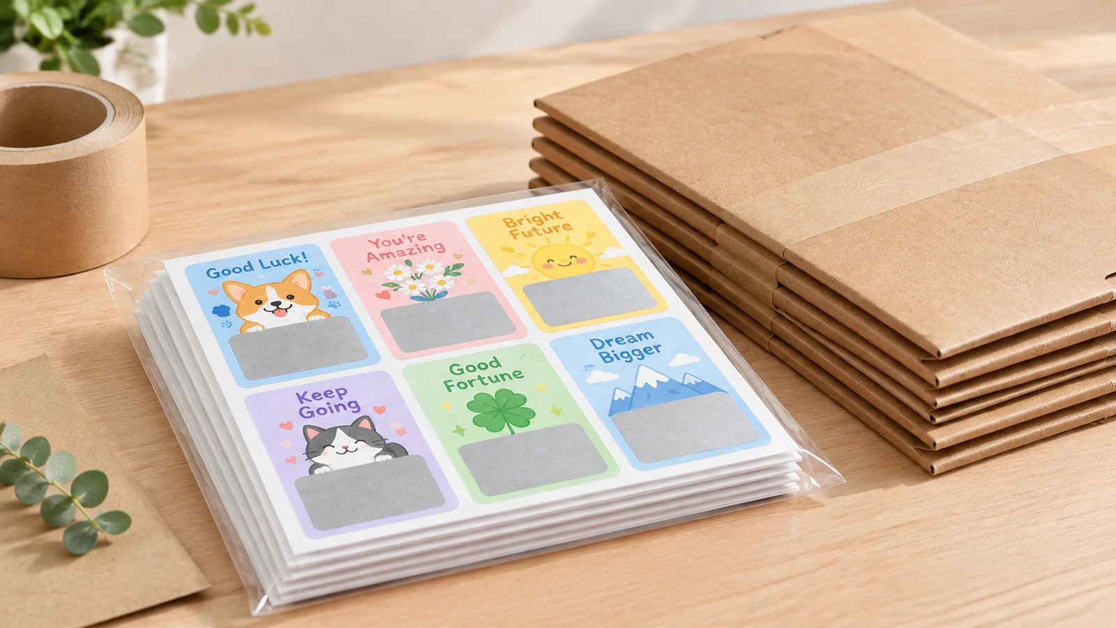 Các tờ thẻ thưởng cạnh hộp thư bìa carton Các tờ thẻ thưởng trong bao nhựa trong suốt, cạnh những hộp thư bìa carton nâu xếp chồng