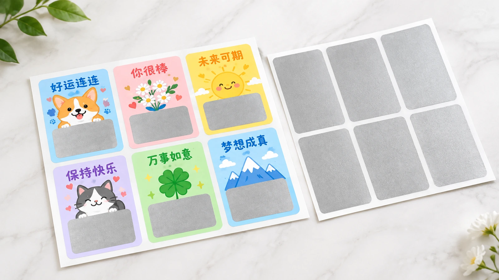 Thẻ thưởng và tờ miếng dán phủ hình chữ nhật Tờ thẻ thưởng nhiều màu có lời nhắn bằng tiếng Trung, cạnh một tờ tấm phủ bạc hình chữ nhật