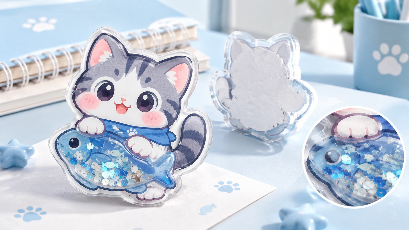 Mặt trước, mặt sau và chi tiết kim sa của nhãn dán lắc Mặt trước và mặt sau nhãn dán lắc hình mèo và cá, kèm ảnh cận cảnh tròn của kim sa xanh trên bàn màu xanh nhạt