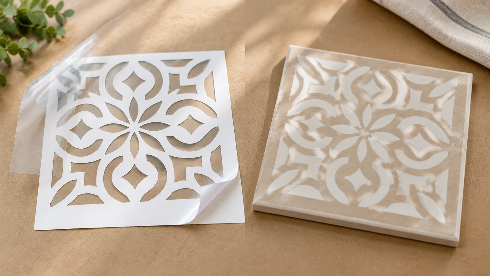 Stencil hoa màu trắng có lớp bị bong, đặt cạnh một tờ stencil hoa trong mờ