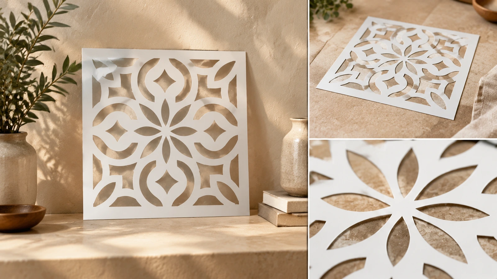 Ảnh ghép gồm một stencil hoa dựng đứng, một tờ stencil phẳng và ảnh cận cảnh các hình cắt cánh hoa