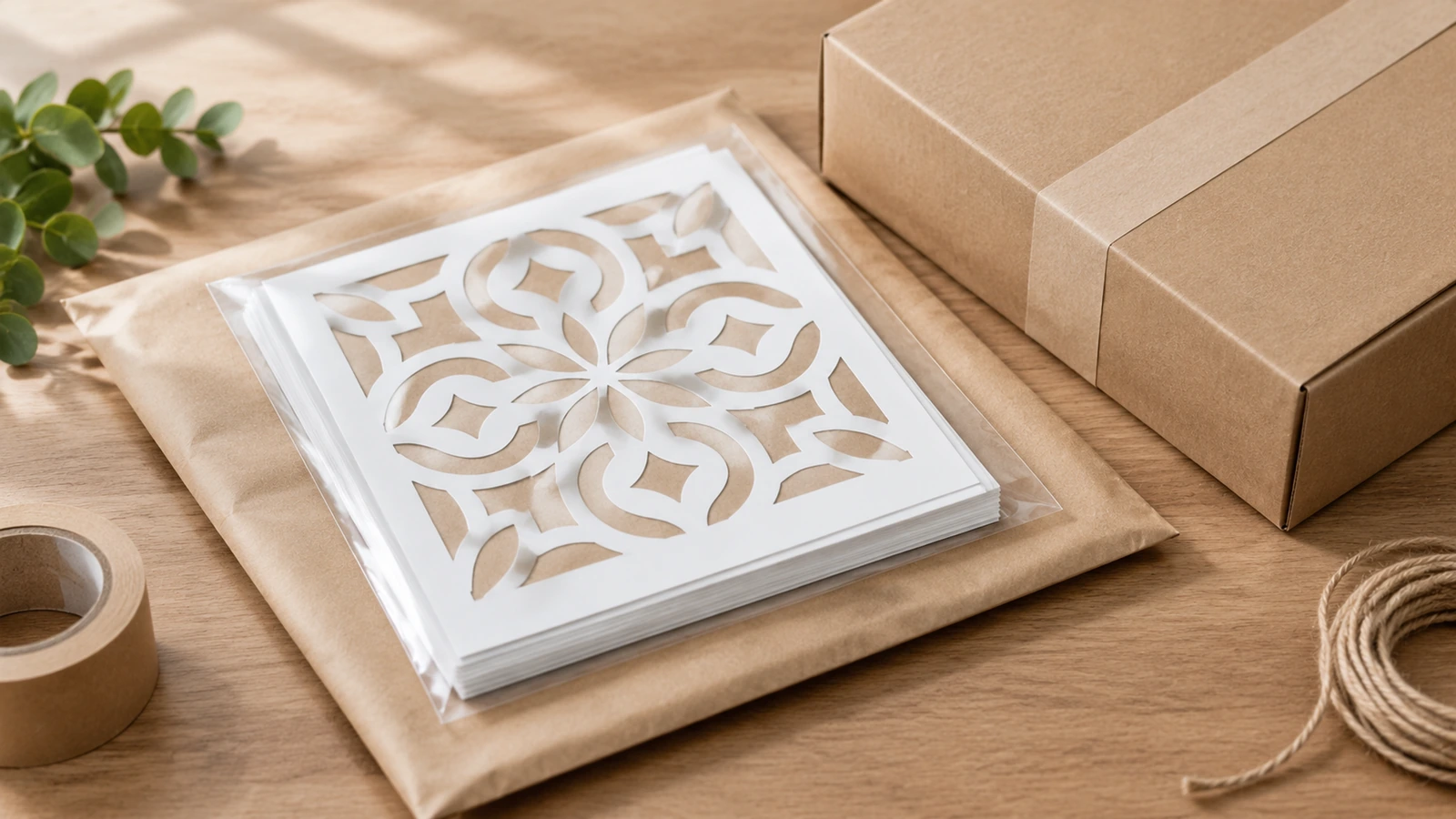 Các tờ stencil hoa xếp chồng trong túi nhựa trong, đặt trên túi gửi hàng bằng giấy kraft cạnh thùng carton