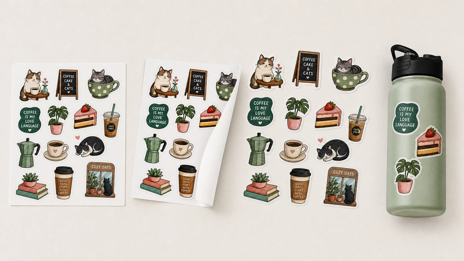 Tờ decal mèo và cà phê cùng các mẫu thiết kế rời đặt cạnh chai được trang trí bằng decal đồng bộ
