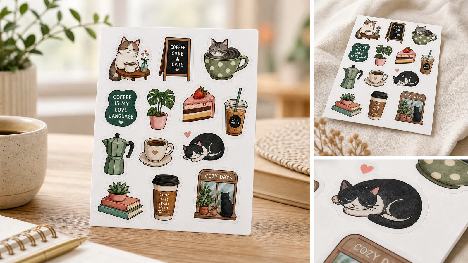 Ảnh ghép thể hiện một tờ decal mèo và cà phê trên bàn, trên vải và ở cận cảnh