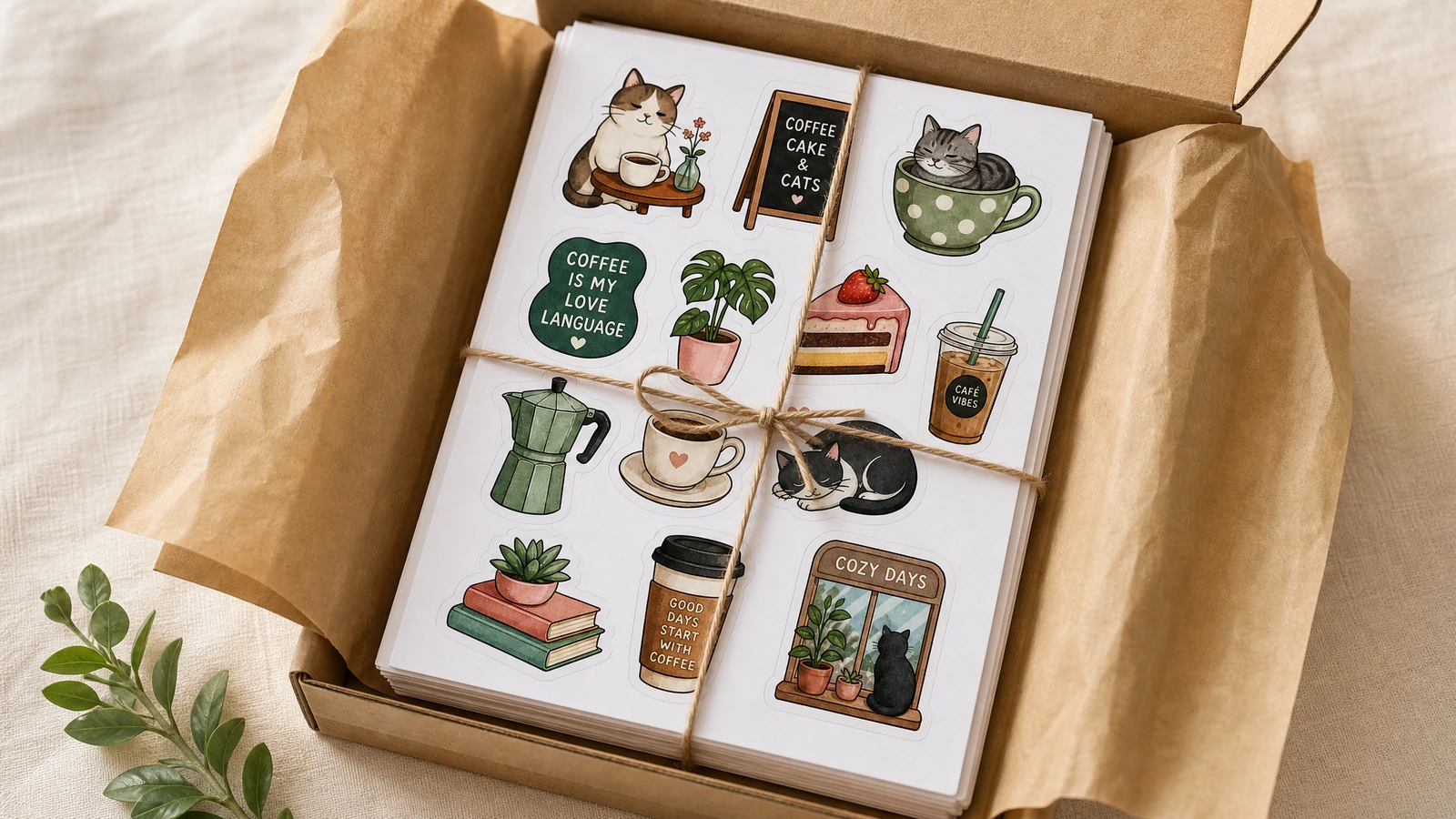 Một chồng tờ decal mèo và cà phê buộc dây trong hộp kraft lót giấy lụa