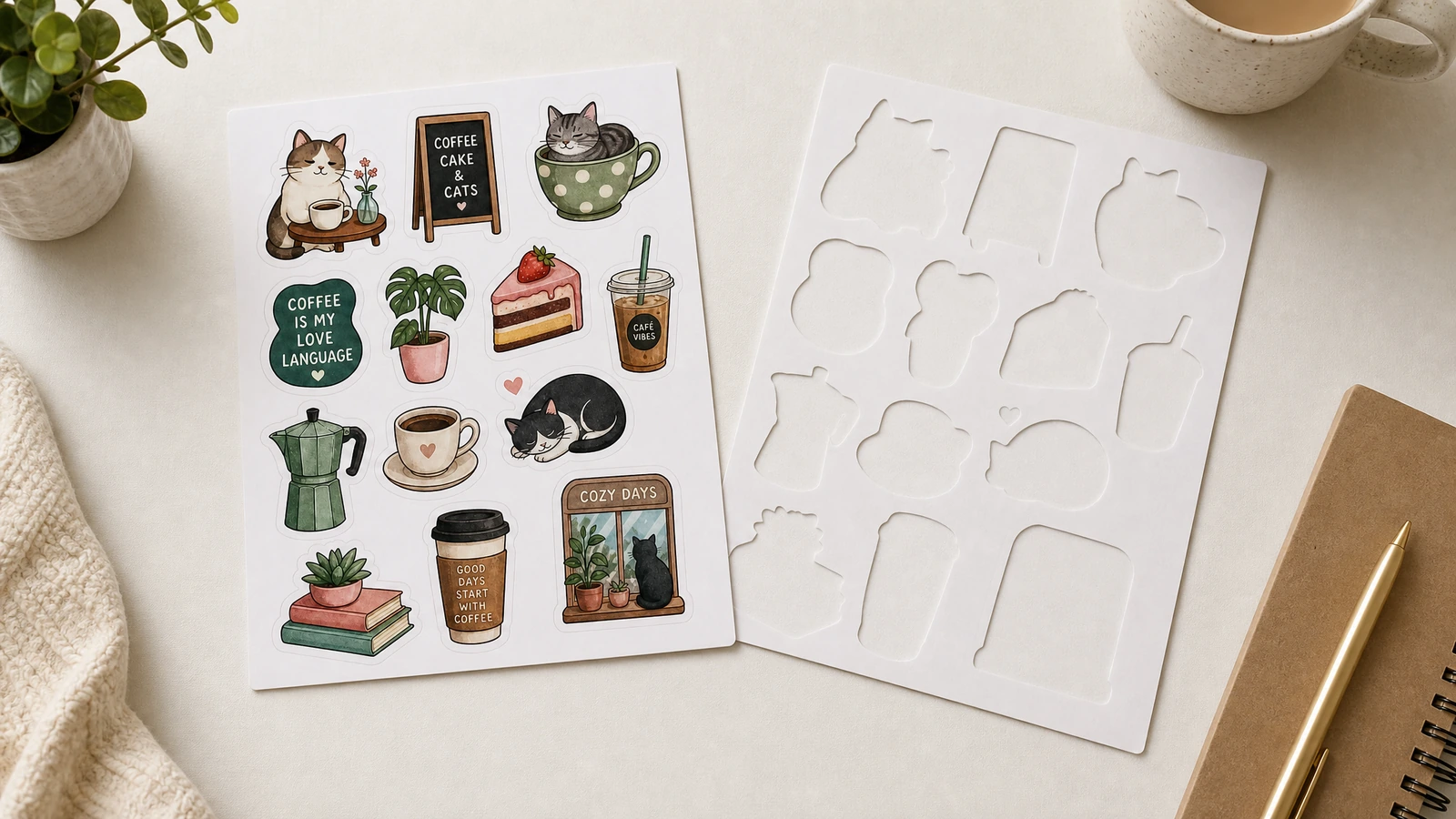 Tờ decal chủ đề mèo và cà phê đặt cạnh một tờ hình viền cắt rỗng