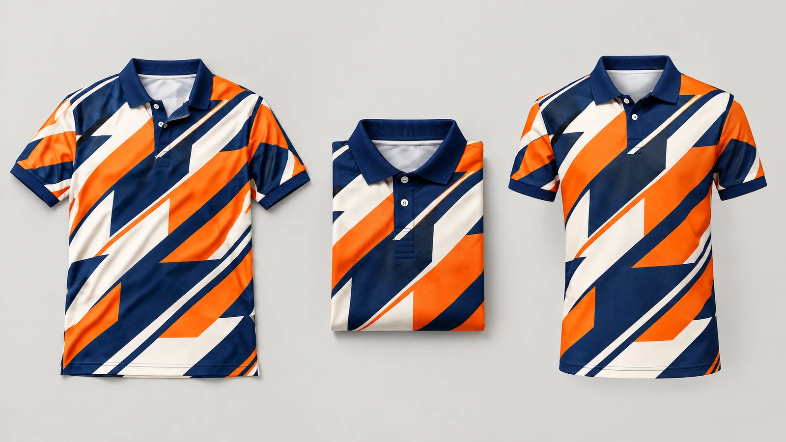 Ba góc nhìn của áo polo họa tiết hình học màu xanh navy, cam và trắng, bao gồm cả phiên bản đã gập