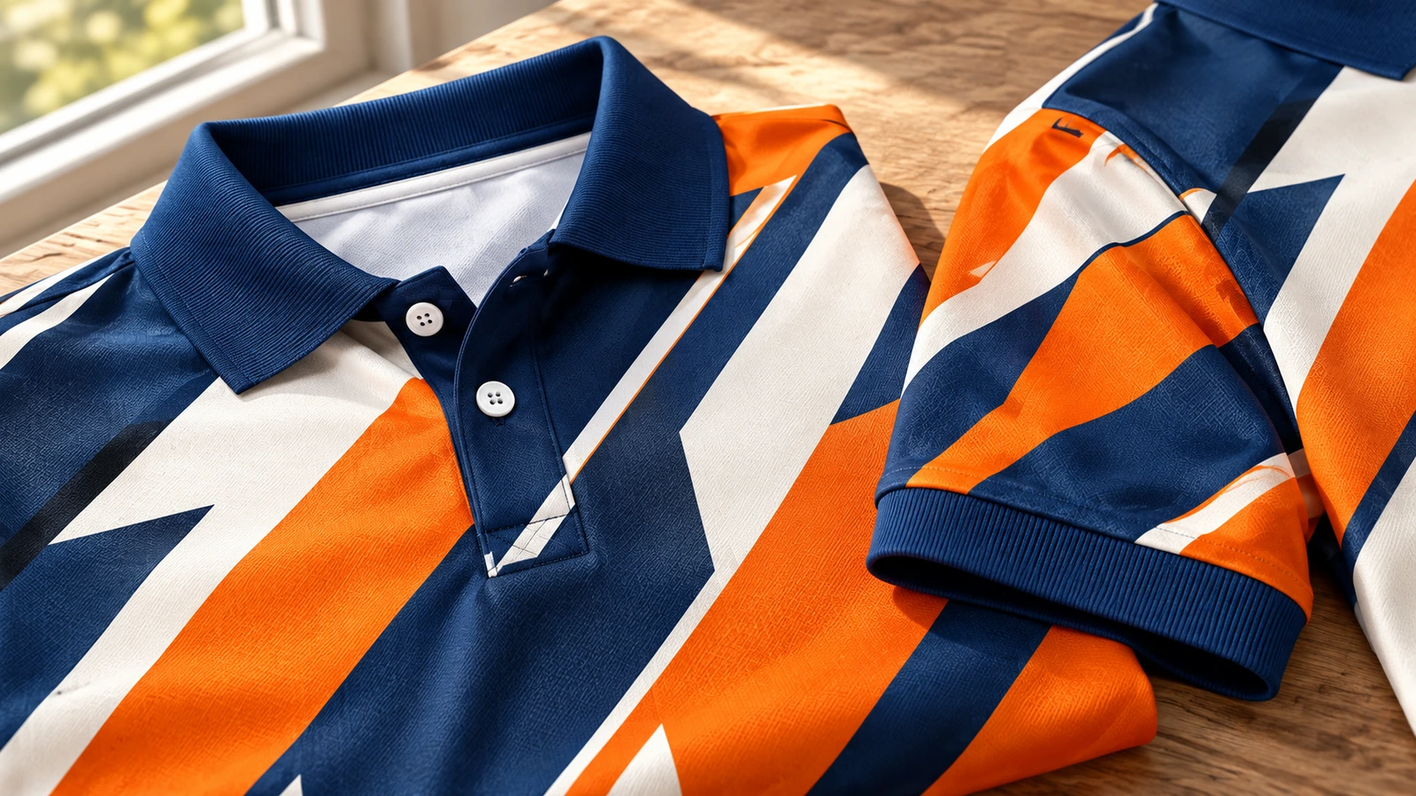 Ảnh cận cảnh áo polo họa tiết với cổ áo màu xanh navy, nẹp khuy và bo tay áo