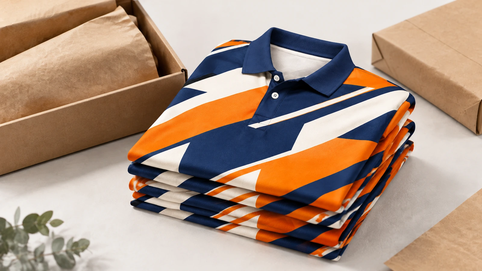 Chồng áo polo đã gập màu xanh navy, cam và trắng, đặt cạnh hộp carton đang mở