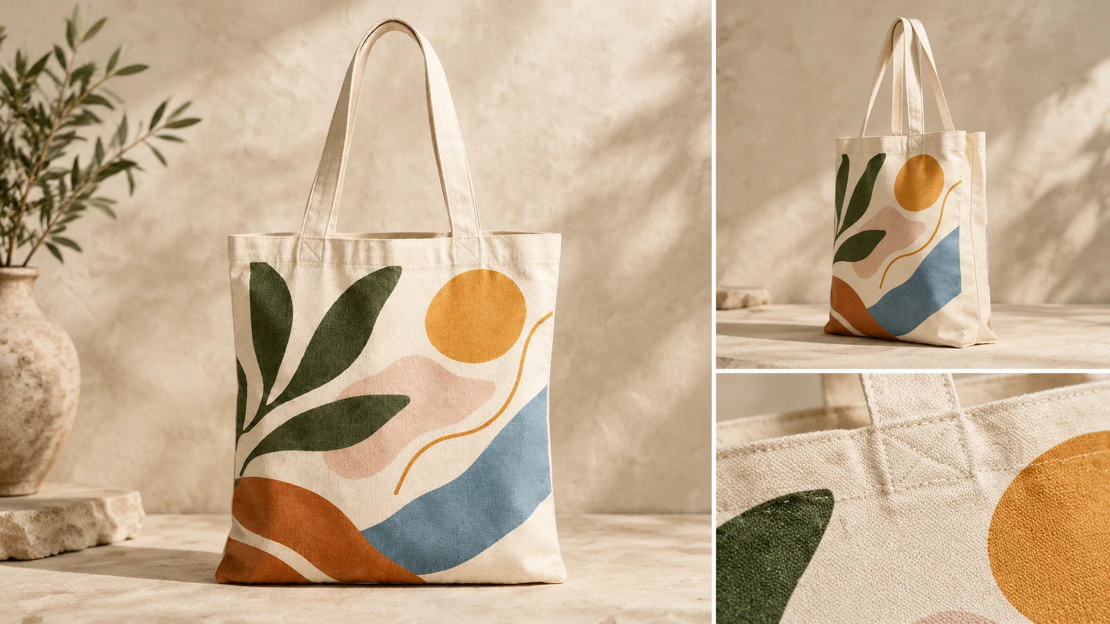 Ảnh ghép thể hiện túi tote cotton in nhìn từ bên hông và cận cảnh đường may quai
