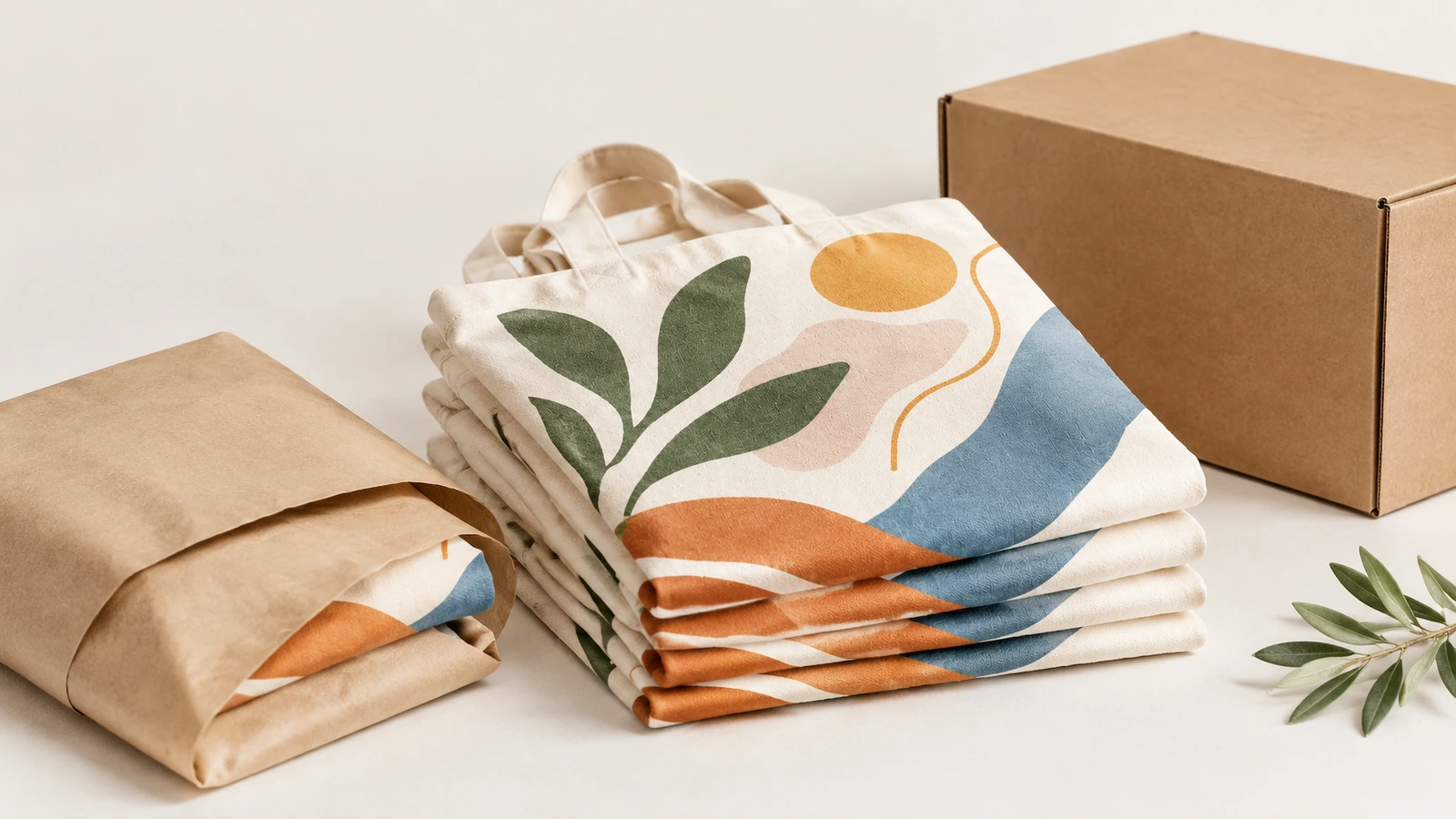Túi tote cotton in đã gấp, đặt cạnh bao kraft và hộp carton