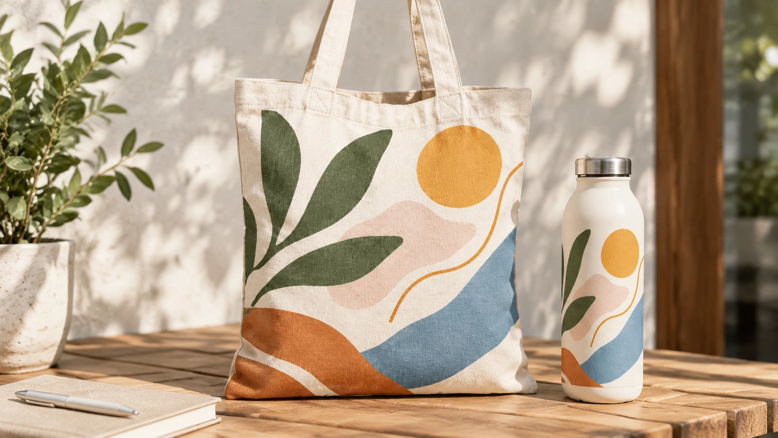 Túi tote cotton in đặt cạnh chai có thiết kế đồng bộ trên bàn gỗ