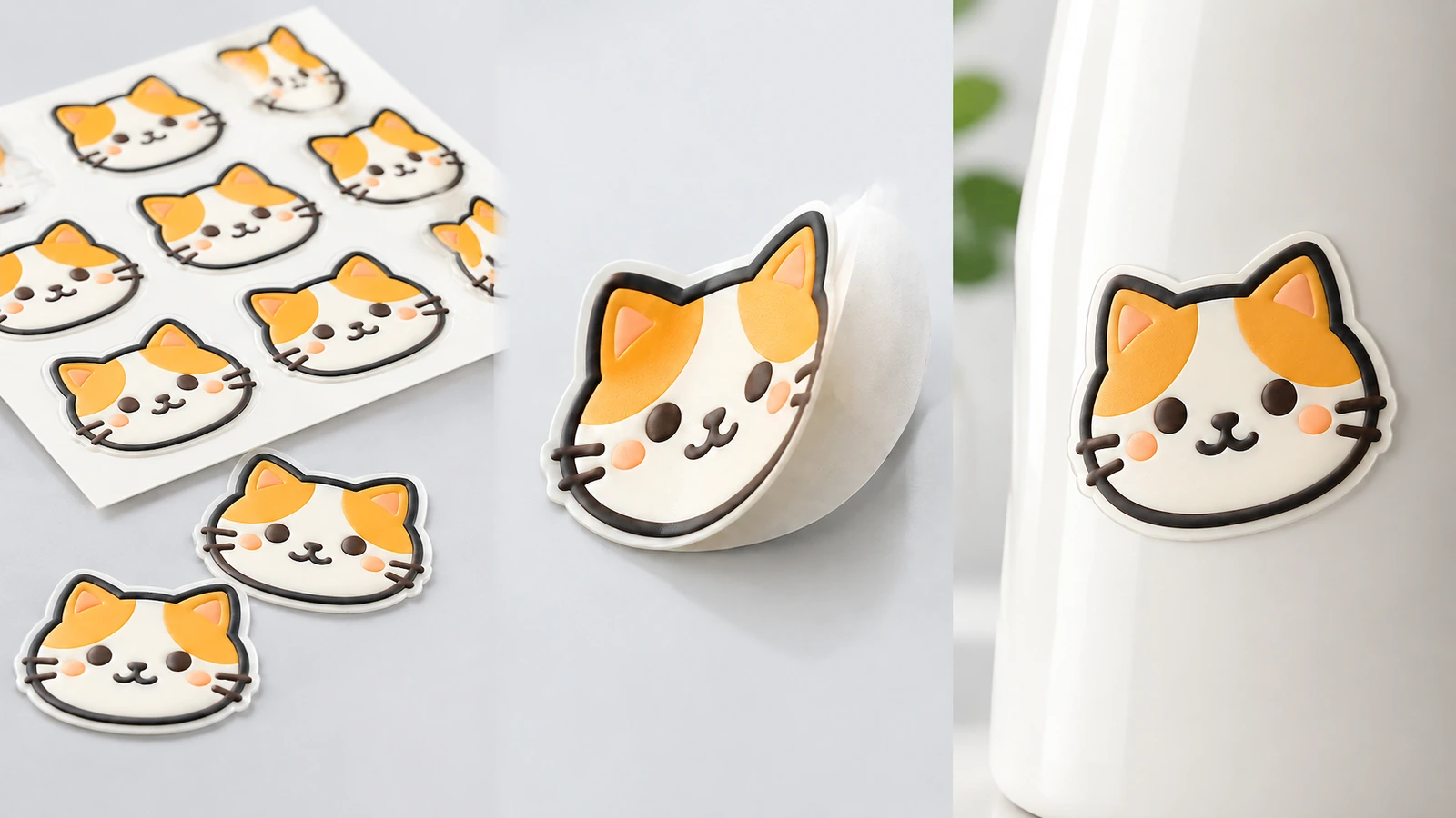 Ảnh ghép thể hiện các tờ sticker mặt mèo, một miếng được nhấc lên và một sticker trên chai trắng
