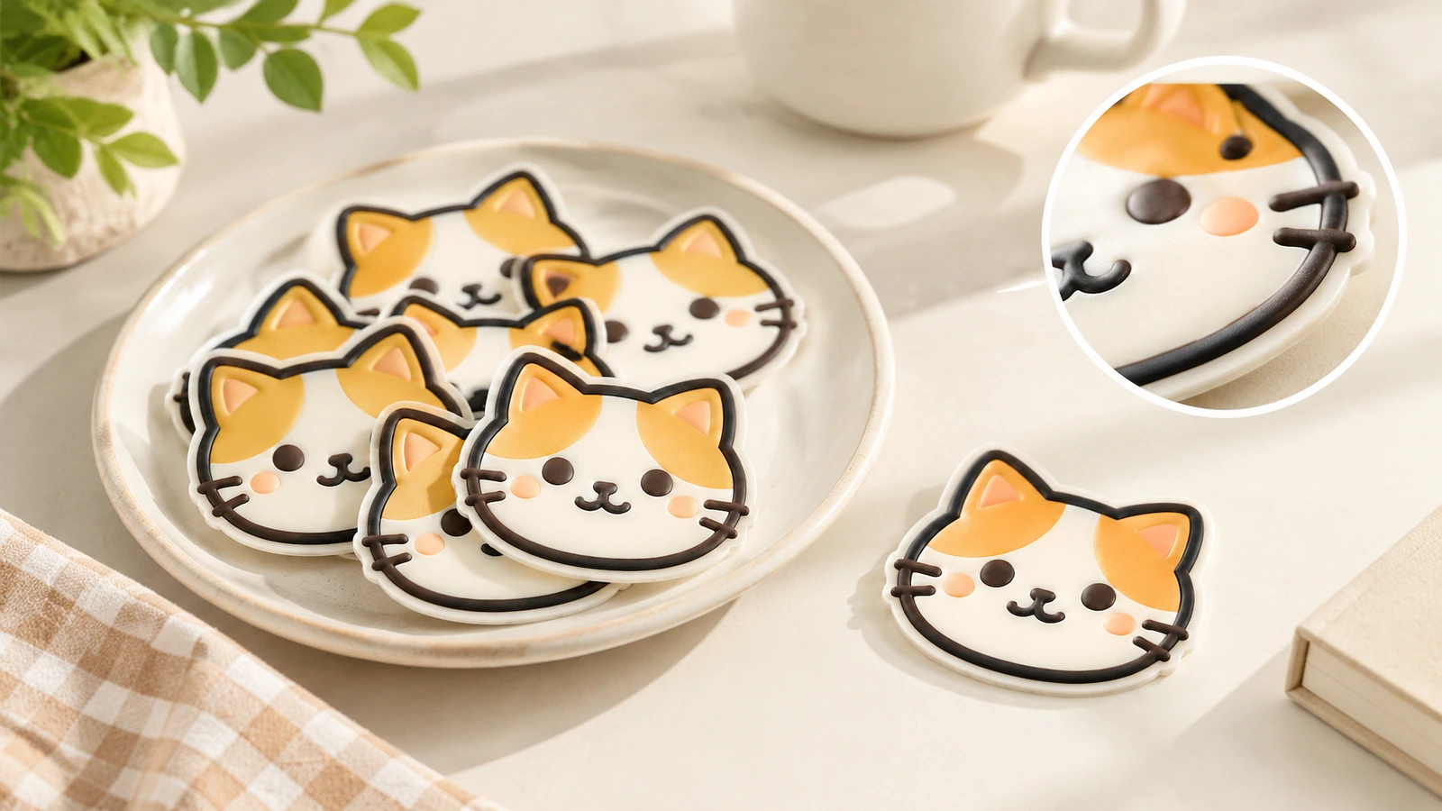 Sticker mặt mèo trên đĩa và mặt bàn, kèm ảnh chi tiết hình tròn ở góc