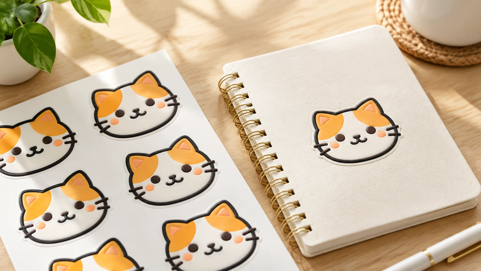 Sticker mặt mèo trên cuốn sổ lò xo, bên cạnh tờ sticker cùng mẫu