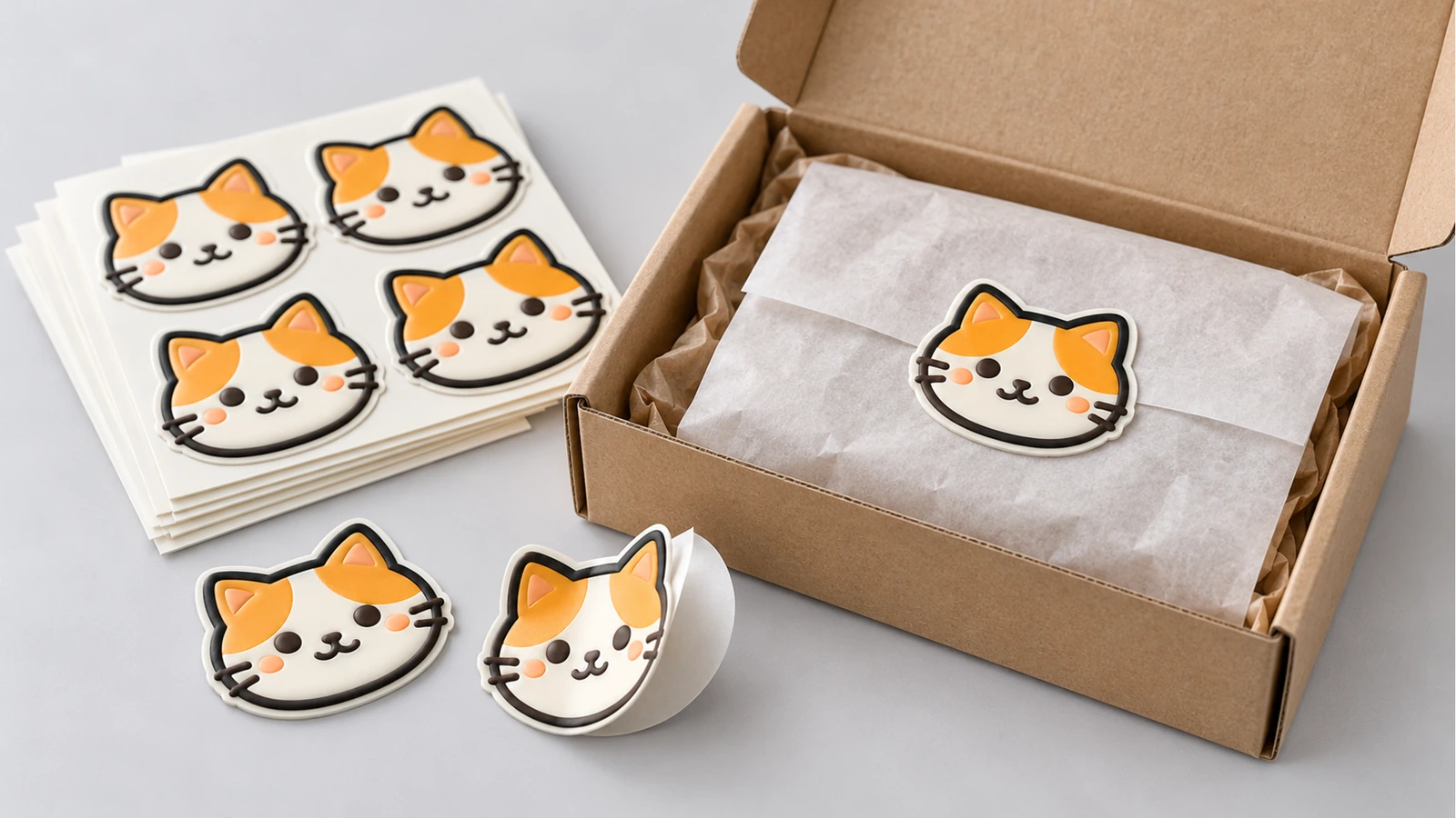 Các tờ sticker mặt mèo và từng miếng riêng lẻ bên cạnh hộp carton lót giấy lụa