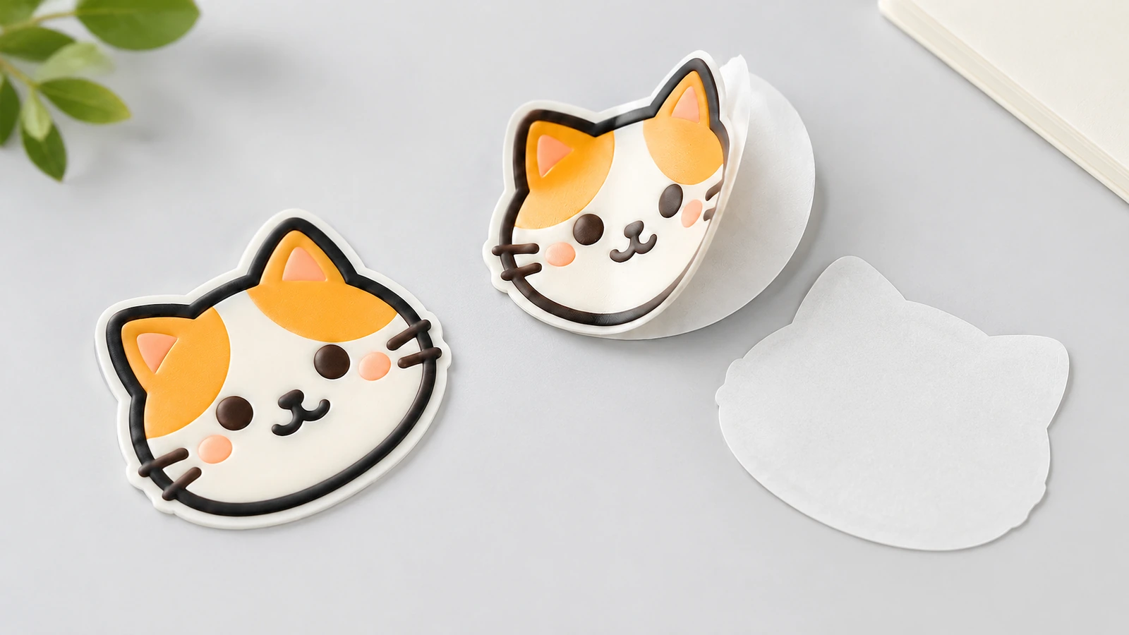 Sticker mặt mèo với 1 miếng được nhấc lên phía trên lớp nền trắng cắt hình