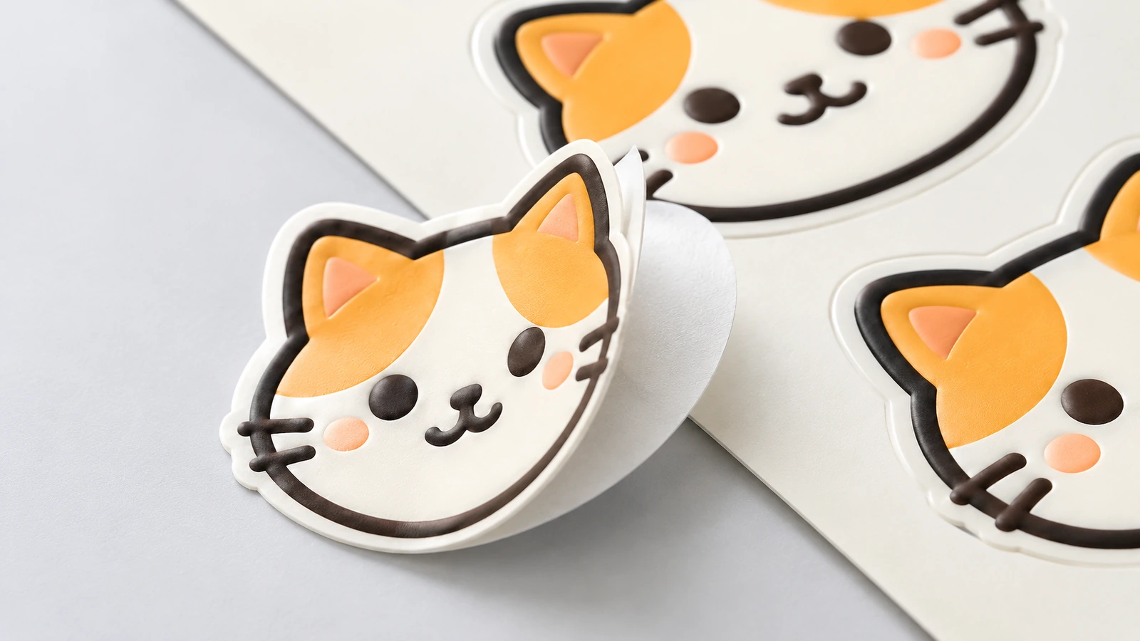 Cận cảnh sticker mặt mèo đang cuộn lên khỏi tờ giấy