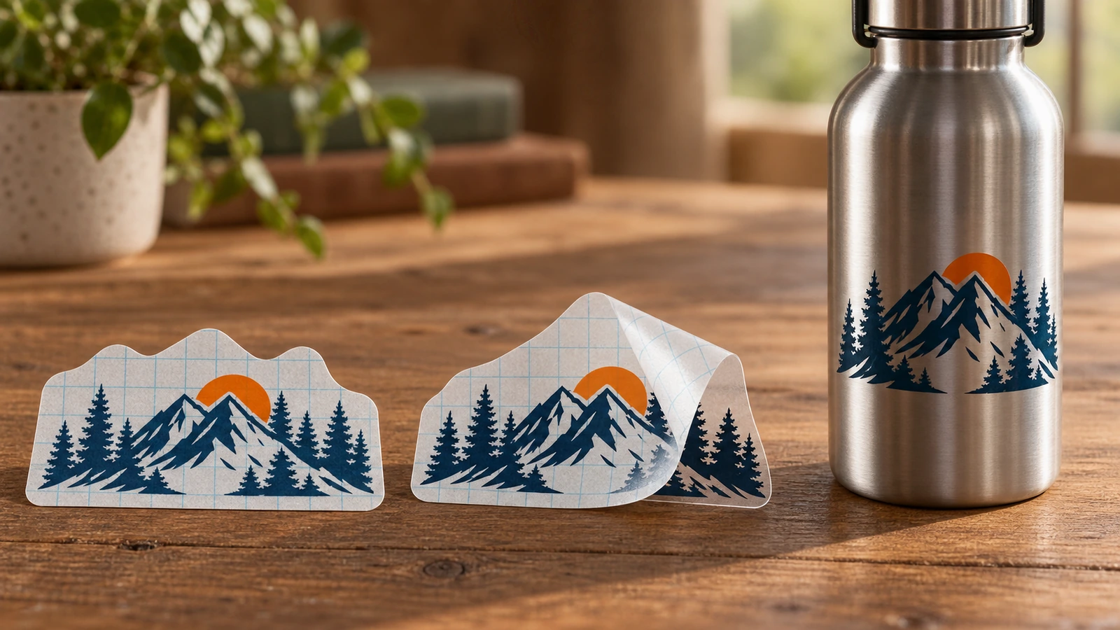Decal núi trên tấm nền, dưới lớp phủ được lật lên, và đã dán lên chai kim loại