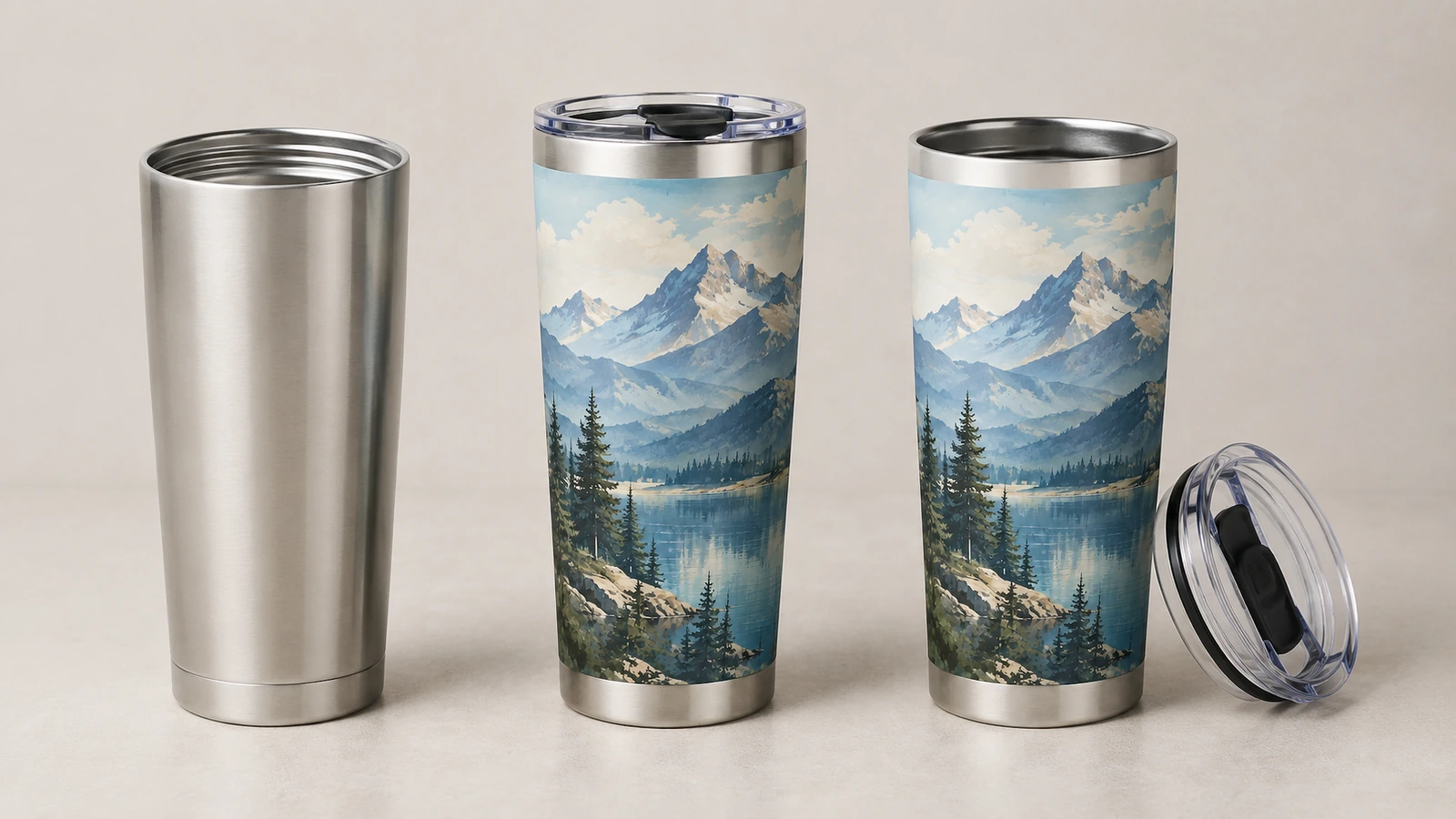 So sánh ly tumbler trơn và ly tumbler có trang trí Ly tumbler màu thép trơn cạnh hai ly tumbler họa tiết núi và một nắp trong suốt