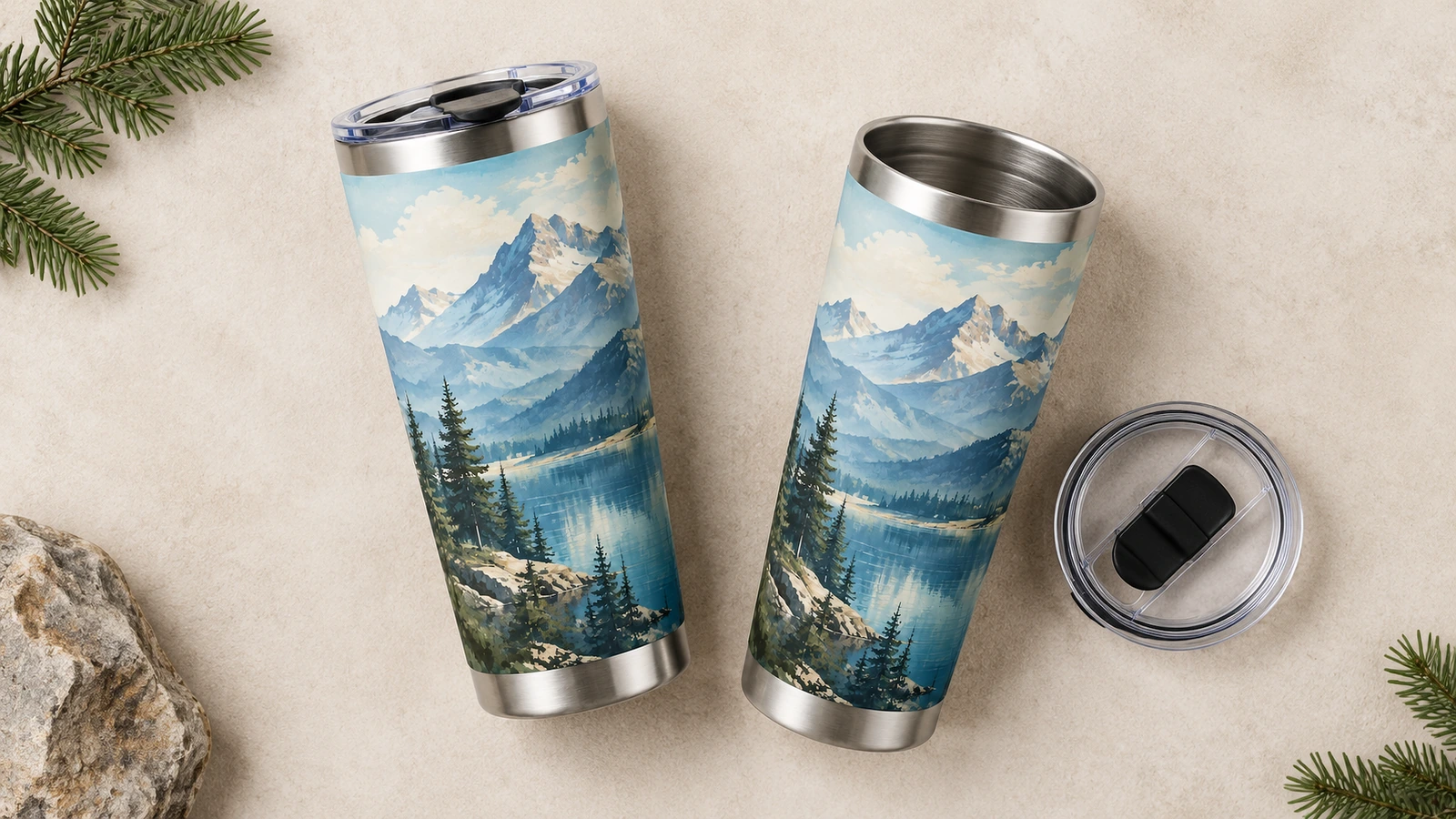 Hình ảnh mặt ngoài ly tumbler và nắp Hai ly tumbler họa tiết núi, một chiếc đã gắn nắp và một nắp khác đặt cạnh ly đang mở